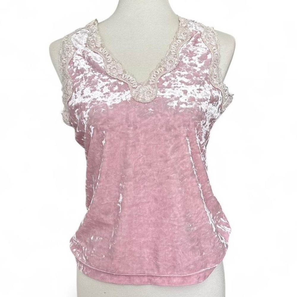 y2k pink velvet lace trim tank top